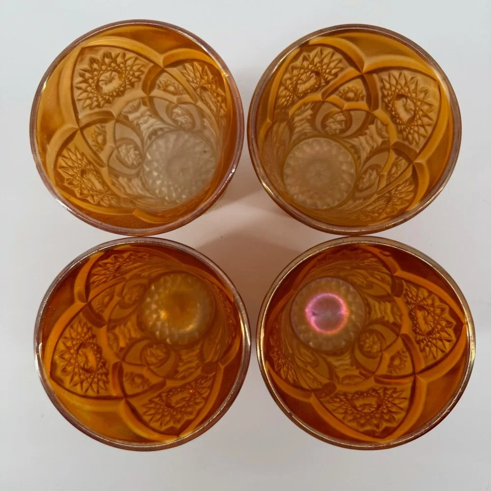 L.E. Smith Marigold Carnival Glass Daisy Button Juice Tumblers Set of‎ 4 4in